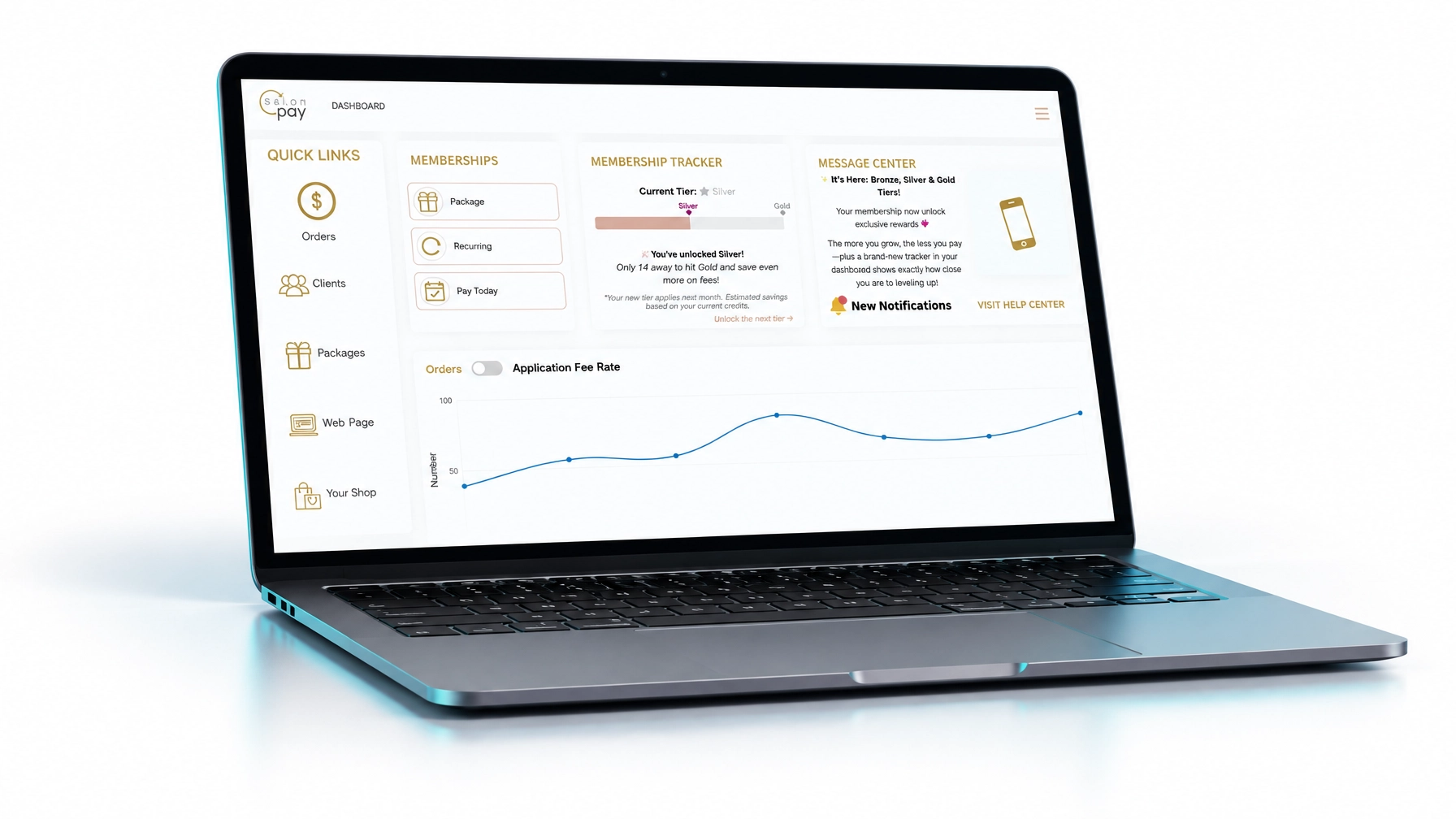Salon Pay membership dashboard displayed on a laptop