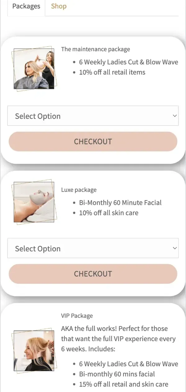 Original Salon Pay client-facing packages page